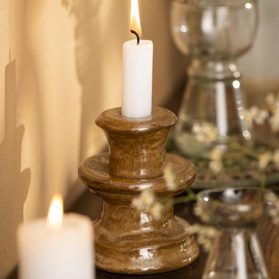 Brown Squat Stoneware Candle Holder for Dinner Candles | Annie Mo's