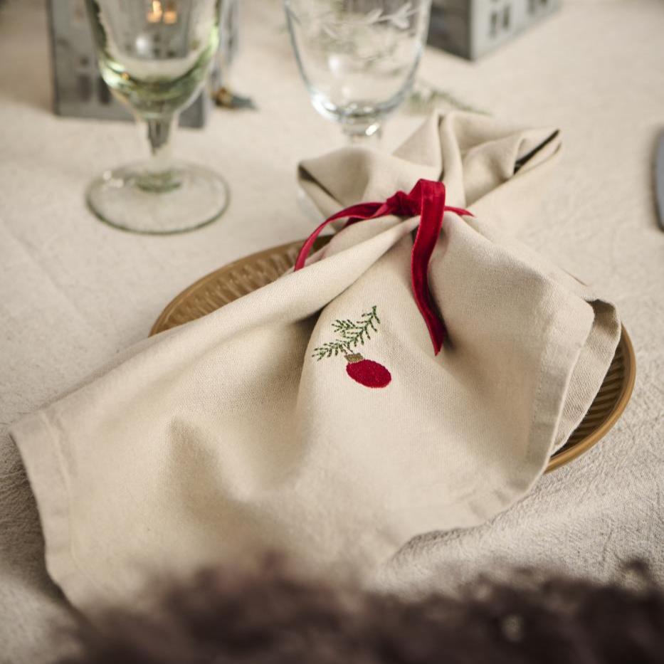 Red Bauble on Spruce Twig Motif Linen Coloured Napkin 40x40cm | Annie 