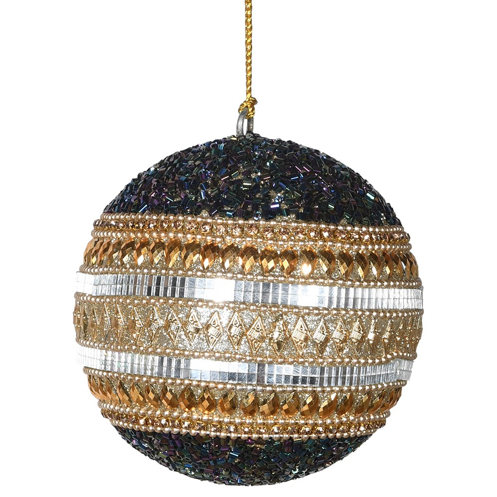 Black and Gold Beaded Bauble 9cm