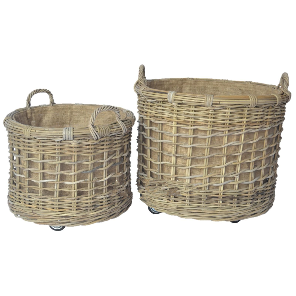 Round Jute Lined Open Weave Baskets with Ear Handles and Wheels