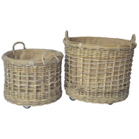 Round Jute Lined Open Weave Baskets with Ear Handles and Wheels