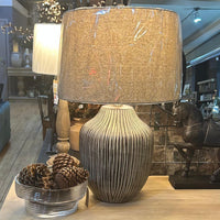 Ochre Carved Textured Table Lamp With Linen Shade 71cm