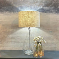 Clear Glass Lamp with Taupe Linen Shade 90cm