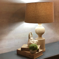 Large Turned Wood Lamp with Linen Shade 77cm