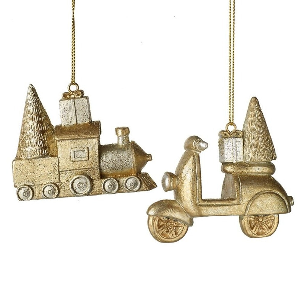 Assorted Set of Two Hanging Gold Scooter and Train 7cm | Annie Mo's