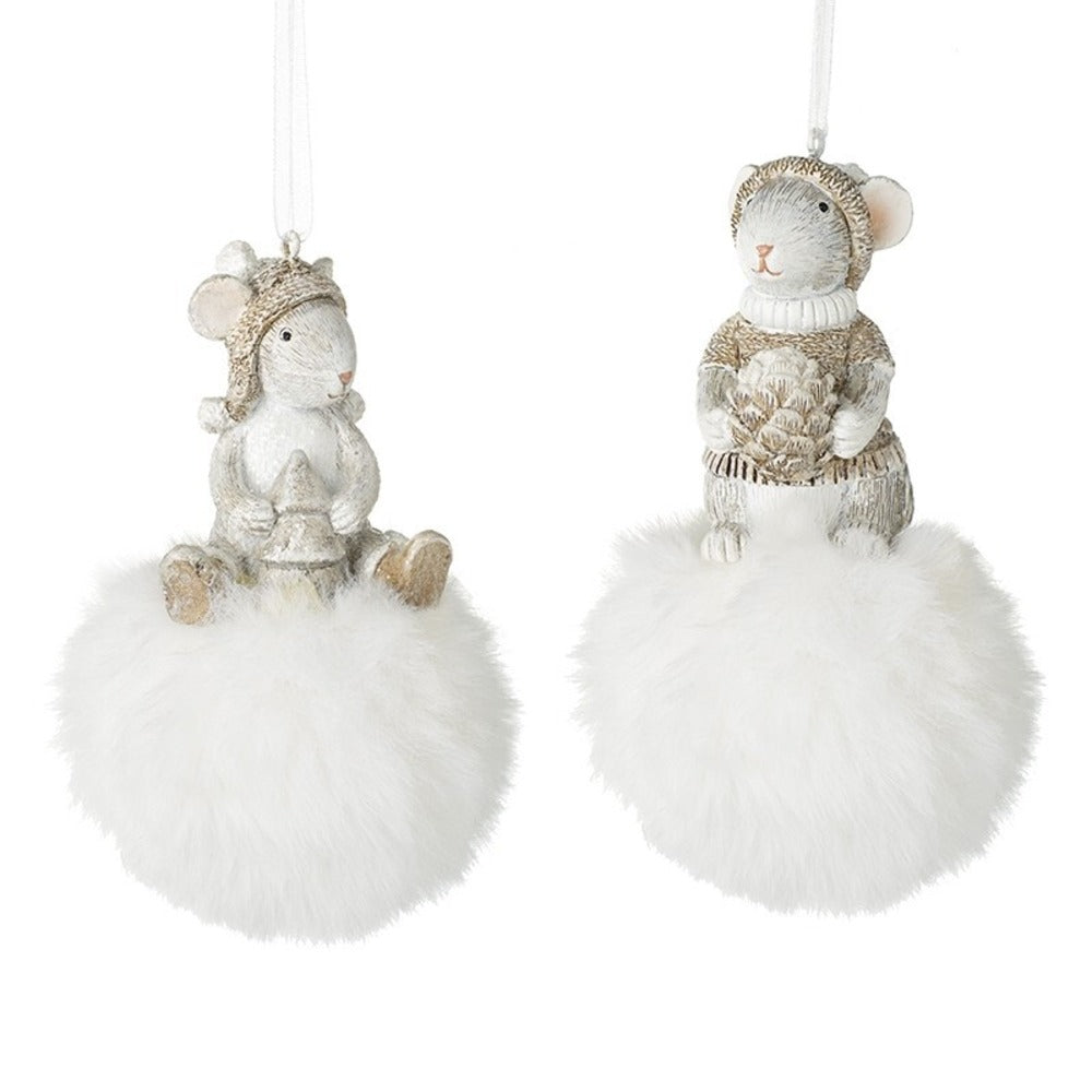 Assorted Set of Two Mice On White Fluffy Pompoms 10cm | Annie Mo's