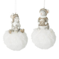 Assorted Set of Two Mice On White Fluffy Pompoms 10cm | Annie Mo's