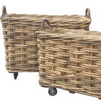 Large Rectangular Rattan Wheeled and Lined Baskets - Size Choice