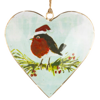 Robin in Hat on Enamel Heart 10cm | Annie Mo's