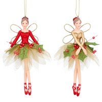 Set of Two Hanging Red Green and Golden Resin and Fabric Holly Fairies